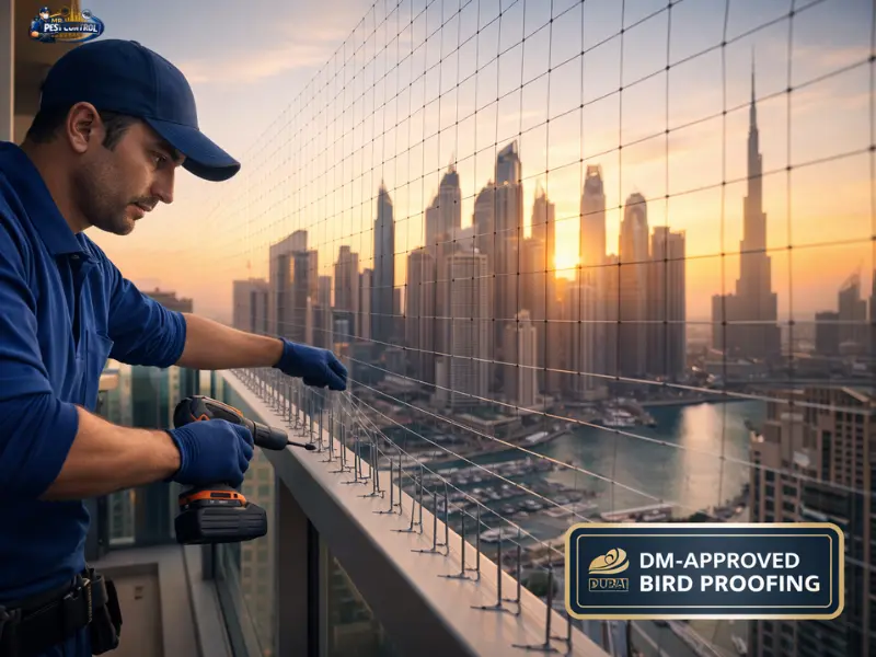 Bird spikes and netting installed on a Dubai Marina balcony