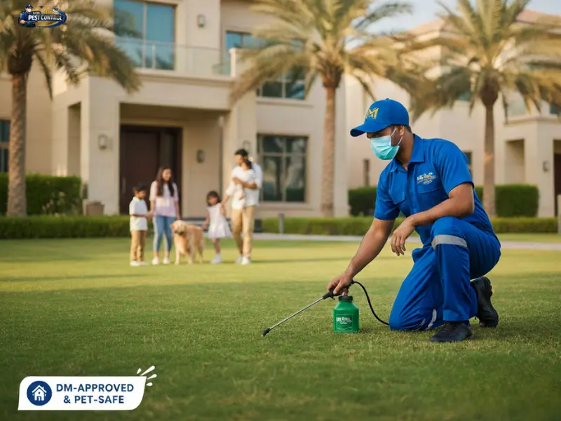 Professional Residential pest control technician treating a luxury villa in Dubai Hills.