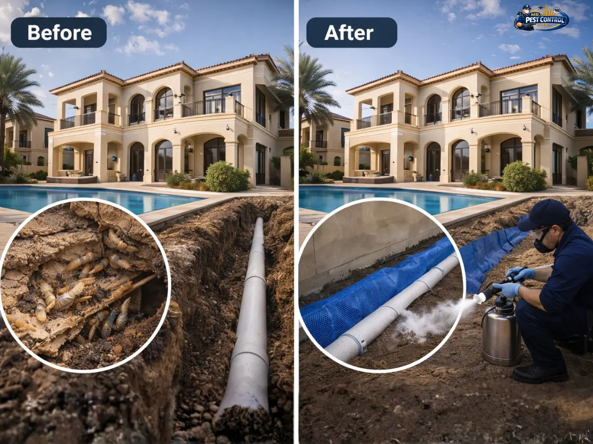 Before and after of termite drill and injection treatment in a luxury Dubai villa