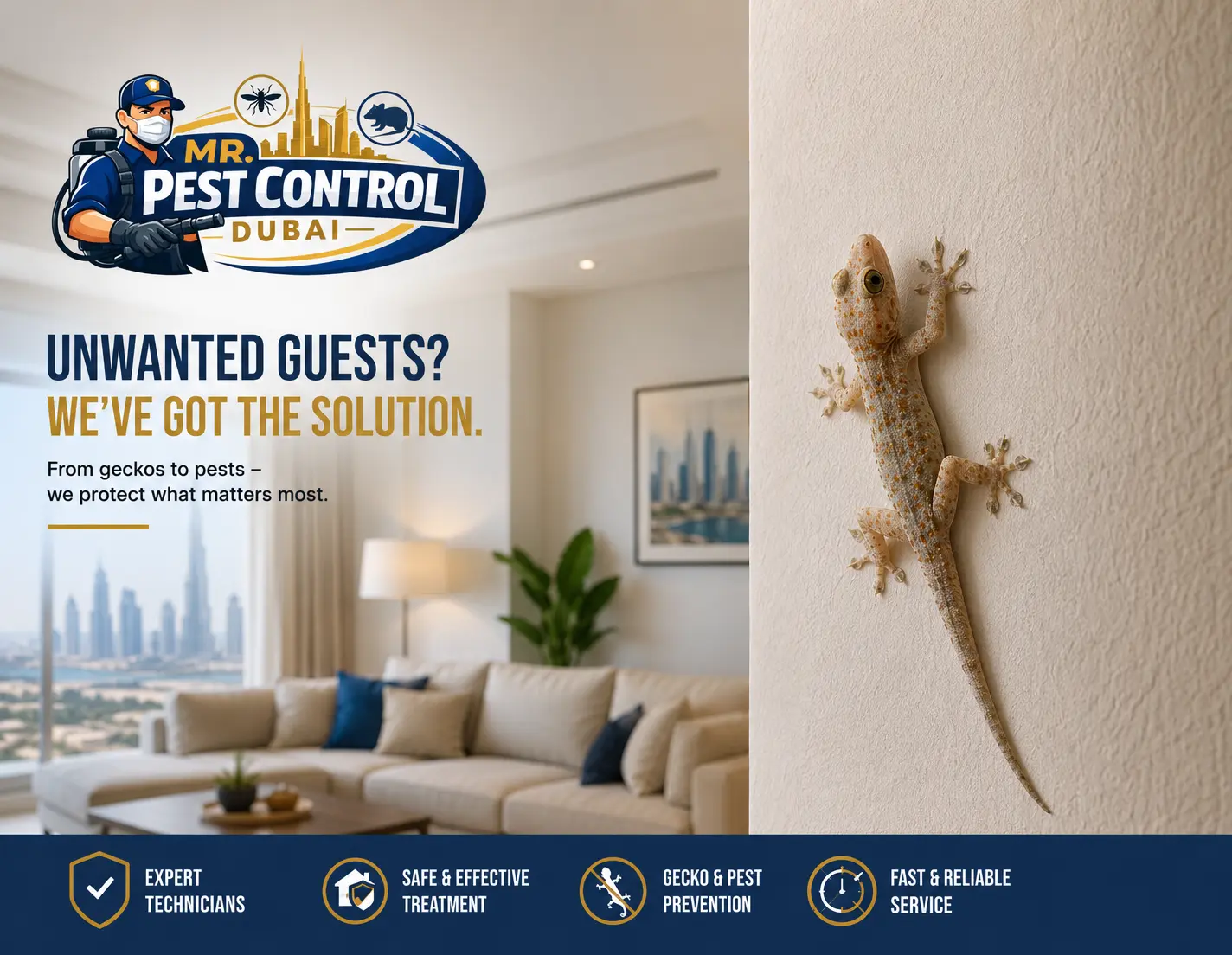 House gecko on a wall inside a Dubai home
