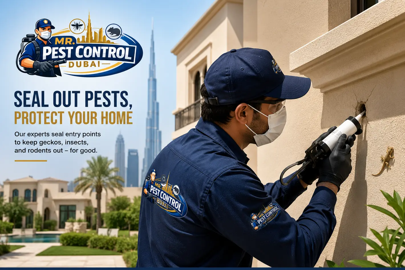 Pest control technician sealing gecko entry points in a Dubai villa