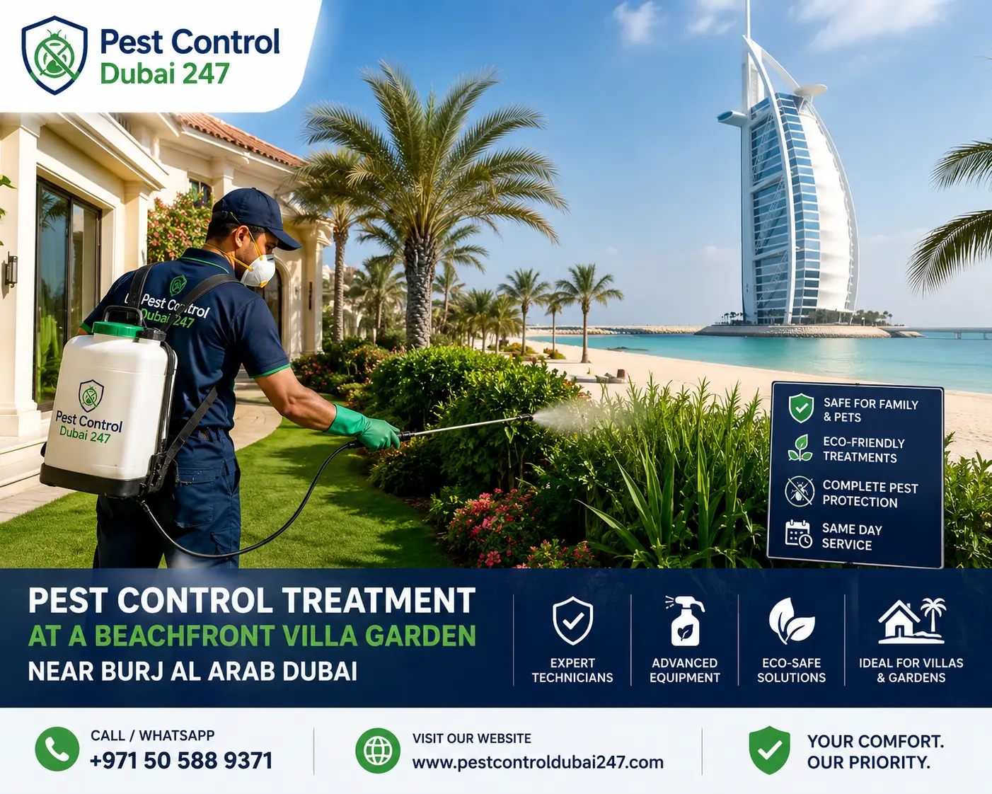 Pest control treatment at a beachfront villa garden near Burj Al Arab Dubai