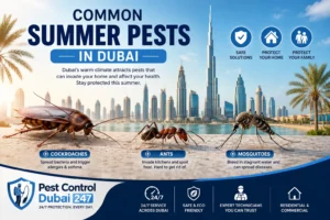 Common summer pests in Dubai including cockroaches, ants and mosquitoes with Dubai skyline