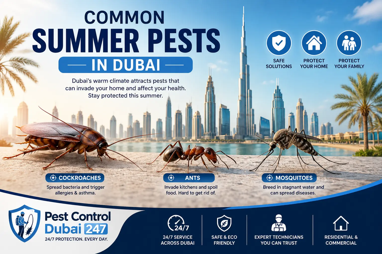 Common summer pests in Dubai including cockroaches, ants and mosquitoes with Dubai skyline